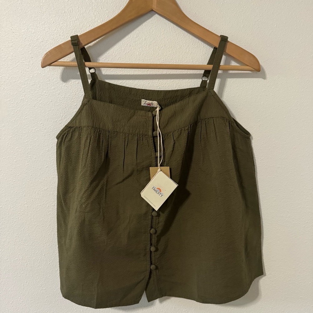 Faherty Marina Seersucker Top Military Green Sleeveless Button Front NWT X-Small